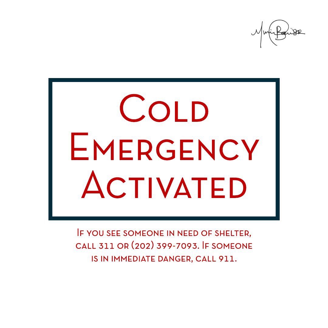 Reminder: a Cold Weather Emergency is activated today-Thur. Prepare for dangerously low temperatures and check on vulnerable neighbors and seniors. Learn more about additional services that the District is providing to protect residents & make your plan: tinyurl.com/DCWinteryCondi…