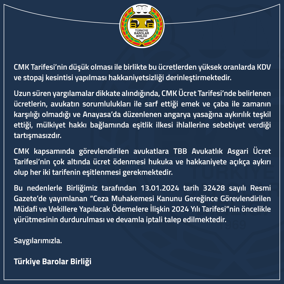 2024 Yılı CMK Ücret Tarifesi Birliğimiz Tarafından Yargıya Taşınmıştır 

👉 tbb.av.tr/1074