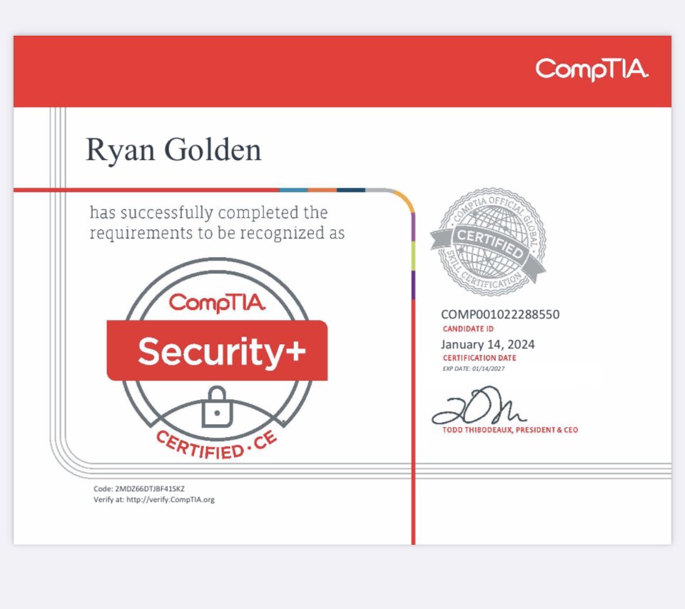 Ryan__Golden's tweet photo. Just got my Security + Certification!

Thanks @CompTIA  for the Great Exam!!! https://t.co/y7Ou4VtV7P