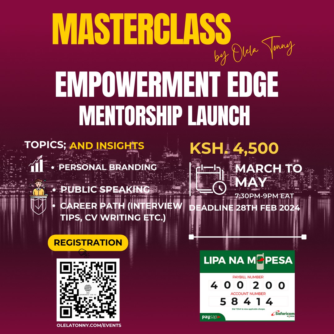 What a great opportunity for young people , register and be part of this great initiative spearheaded by @OdhiamboOlela . NB; mentorship is key when it comes to personal growth and development. #MasterclassbyOlelatony