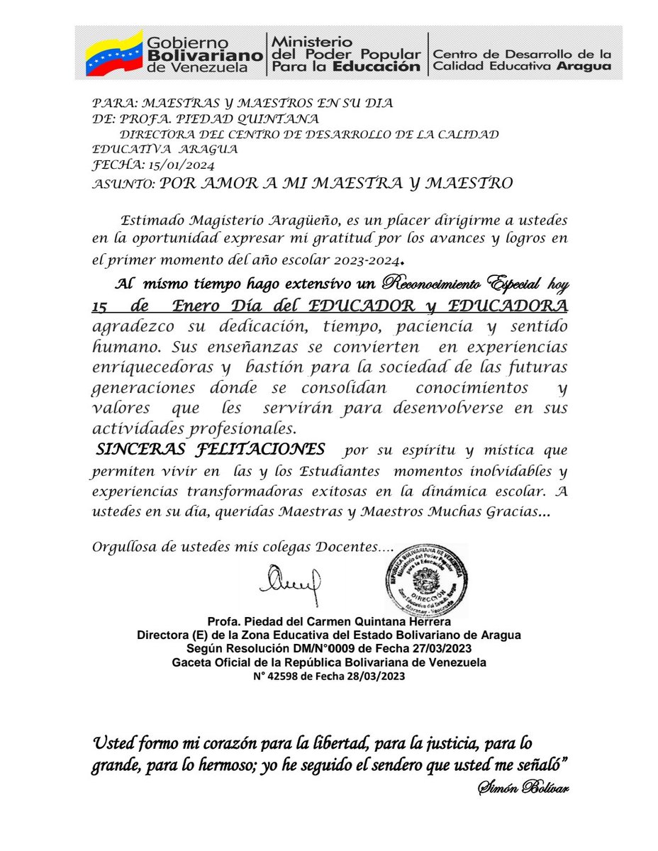 #15Ene
Mensaje al Magisterio Aragüeño en en marco del Día de la Maestra y el Maestro.
¡Felicidades en su Día! 
#MemoriaYCuentaAfirmativa 
<a href="/NicolasMaduro/">Nicolás Maduro</a> 
<a href="/_LaAvanzadora/">Yelitze Santaella</a> 
@MPPEDUCACION 
@PiedadQuintana1 
<a href="/Soykarinacarpio/">Karina Carpio</a>