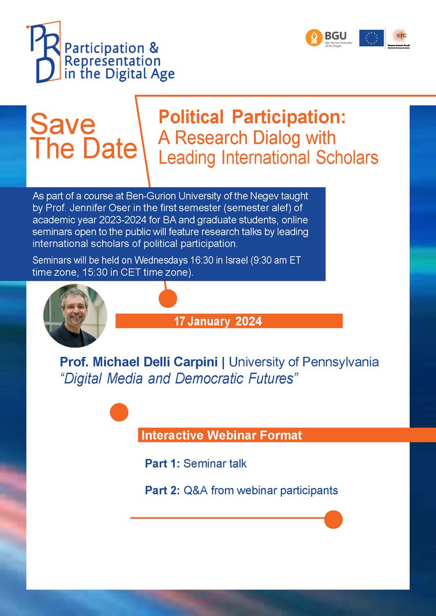 📢Exciting to share ERC website launch & webinar series invitation: Participation & Representation in the Digital Age! First interactive webinar w/Prof. Michael Delli Carpini is this Wed Jan 17, 16:30 Israel time (15:30 CET and 9:30 ET) - see you there! mailchi.mp/1ac7e0e792f7/e…