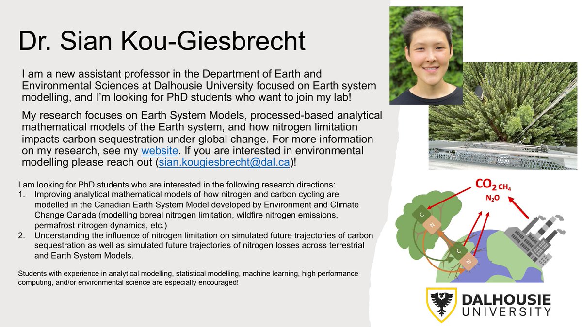 Open PhD positions available @DalhousieU in environmental modeling. Join @sian_kg and her new Lab and engage in N- and C-cycle modeling. dal.ca/faculty/scienc…