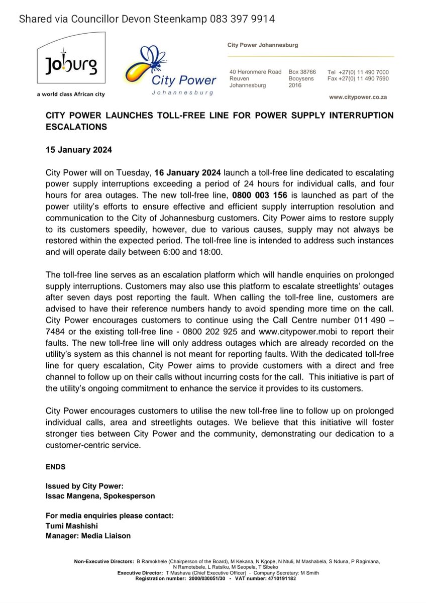 THEDEVCHEV's tweet image. ⚡ #CityPower #Escalation
15 January 2024 15h33 - Cllr Devon Steenkamp 

City Power has launched a new toll-free line 0800 003 156 for escalating power supply interruptions. This line, operational daily between 6:00 and 18:00, is dedicated to issues not resolved within 24 hours