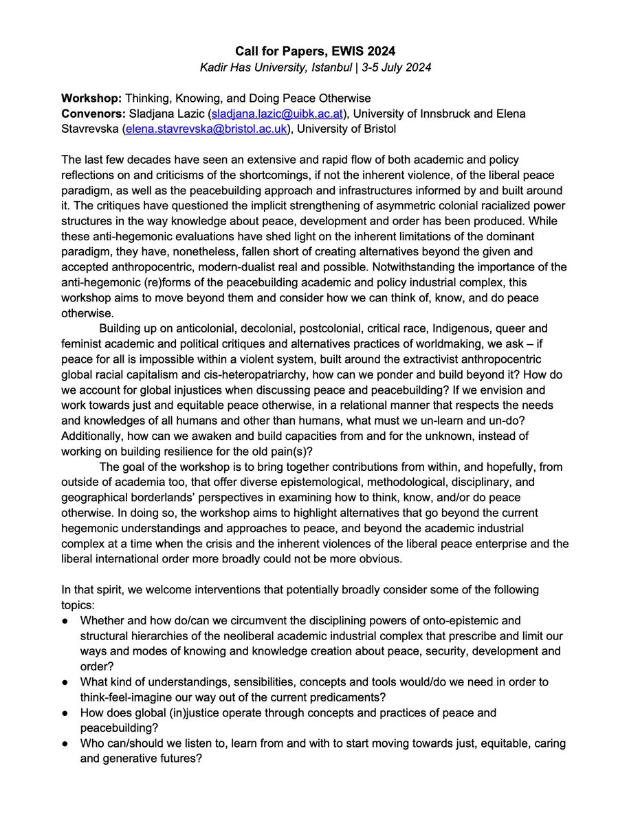Sladjana Lazic (@sladjalazic) on Twitter photo Join me & <a href="/EBStavrevska/">Elena B. Stavrevska</a> & <a href="/siddharthtrip09/">Siddharth Tripathi</a> for our #EWIS2024 workshop "Thinking, Knowing, & Doing Peace Otherwise" in wonderful Istanbul, from 3rd-5th July 2024! See info here eisa-net.org/wp-content/upl…, and apply here eisa-net.org/ewis-2024/abst…. Deadline 5th February. Come, come :) Join me & <a href="/EBStavrevska/">Elena B. Stavrevska</a> & <a href="/siddharthtrip09/">Siddharth Tripathi</a> for our #EWIS2024 workshop "Thinking, Knowing, & Doing Peace Otherwise" in wonderful Istanbul, from 3rd-5th July 2024! See info here eisa-net.org/wp-content/upl…, and apply here eisa-net.org/ewis-2024/abst…. Deadline 5th February. Come, come :)