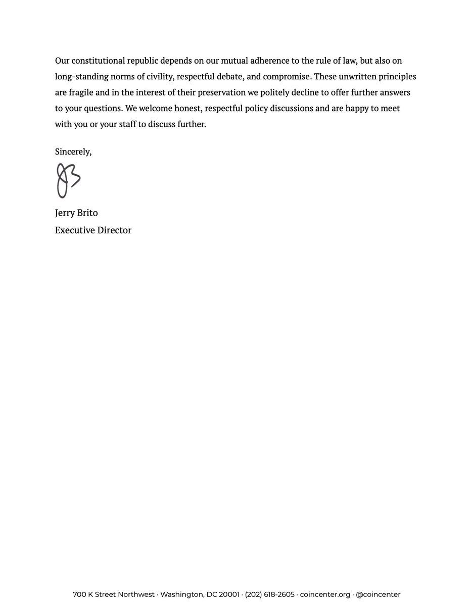 We sent a reponse letter to Sen. Warren's demand that Coin Center disclose if we employ former federal officials "to undermine bipartisan efforts in Congress"