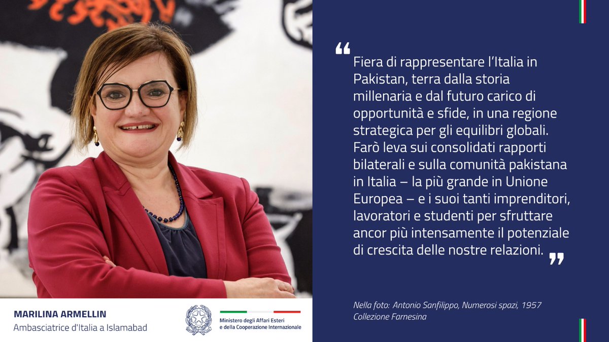 ItalyMFA's tweet photo. Congratulazioni a Marilina Armellin, nuova Ambasciatrice d'Italia in Pakistan 🇮🇹🤝🇵🇰
.
@ItalyinPakistan https://t.co/TVRG6yFiBV