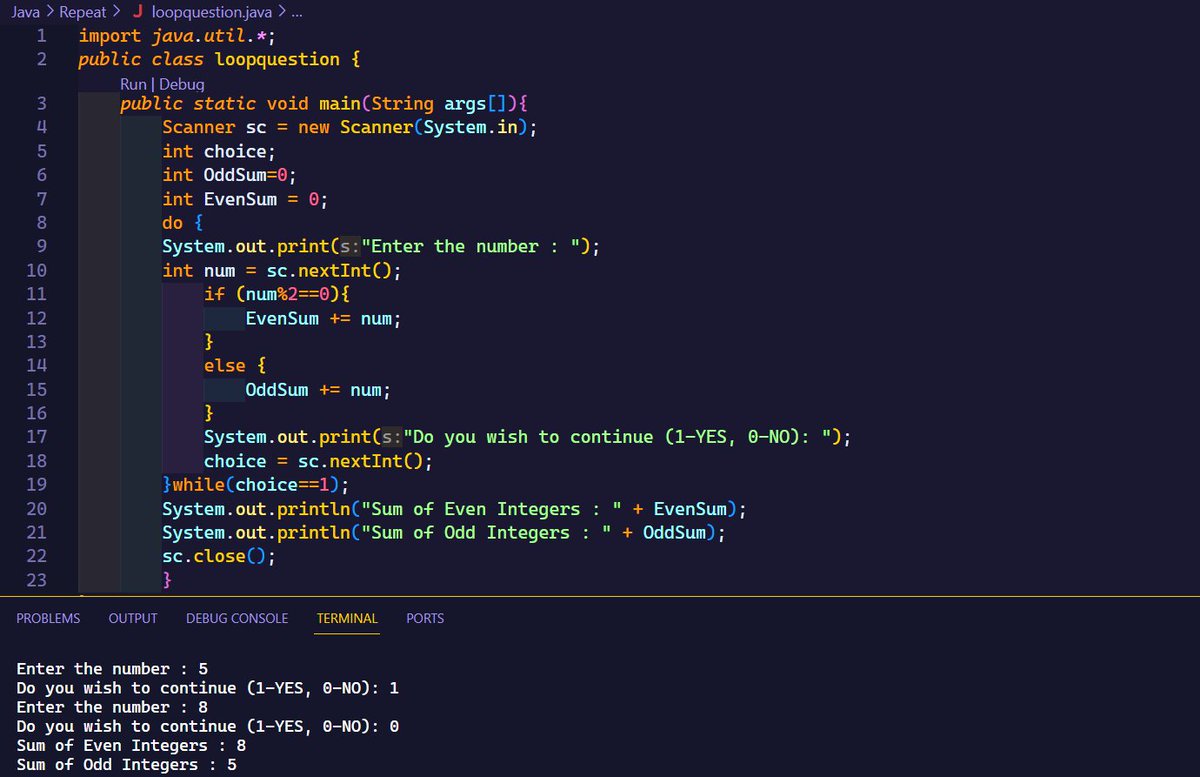 CodieAryan's tweet photo. Day 15: Navigating user choices! Wrote a Java program to calculate the sum of odd and even integers, offering a dynamic experience with user inputs. ๐๐ข #JavaProgramming #UserChoices #Day15 #100DaysOfLearning https://t.co/Ve4DqdqXlf