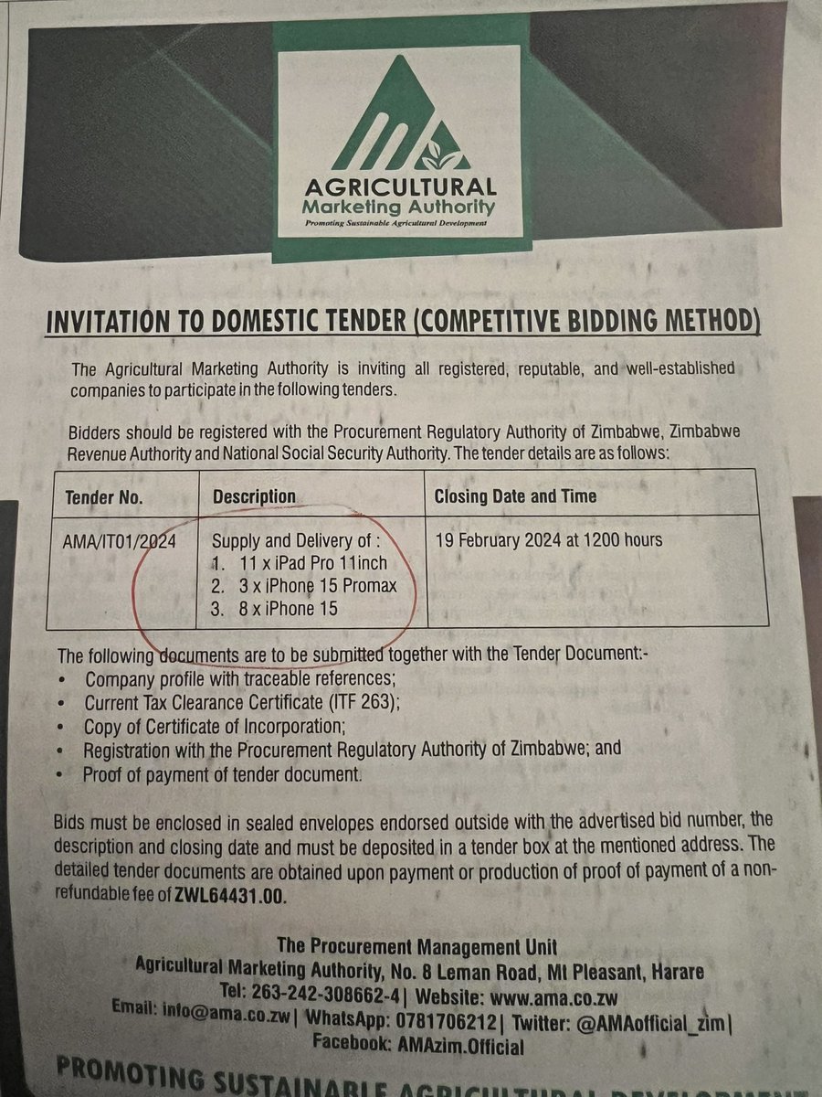 This is a tender issued by the Agricultural Marketing Authority of Zimbabwe for luxury iPhones and iPads in a country with almost 1000% inflation, the highest in the world.

This is happening in a country with NO single radiotherapy cancer treatment machine, in a country where