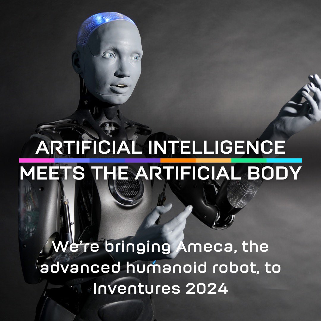 INVENTUREScan's tweet image. @AmecaTheRobot, the world’s most advanced humanoid robot, is coming to Inventures 2024 in Calgary, May 29 – 31. Ameca will engage Laura Kilcrease, CEO of Alberta Innovates, in a fireside chat from the main stage, on Wednesday, May 29, 2024.

Read more: inventurescanada.com/artificial-int…