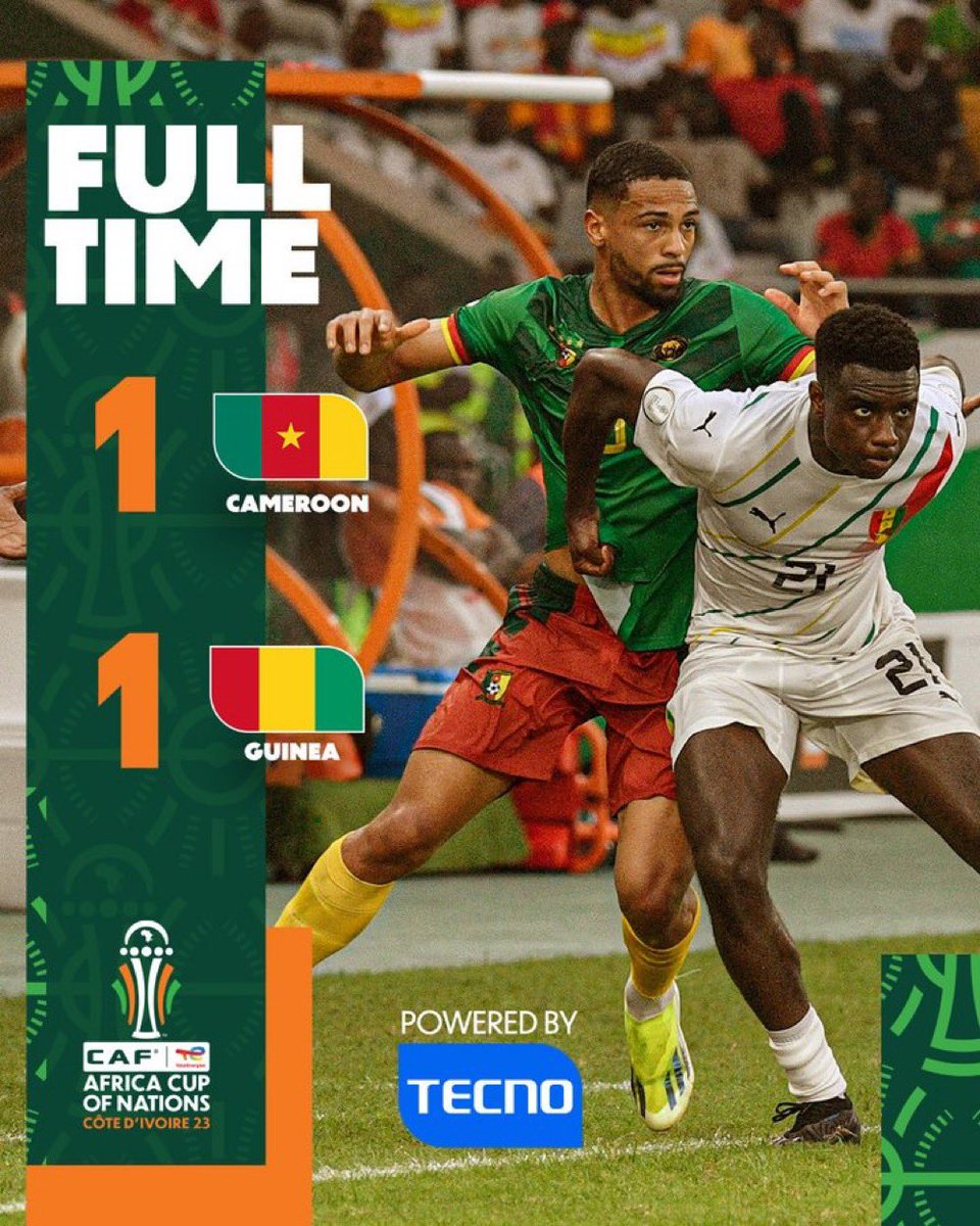 spacefootafr's tweet photo. Cameroun 🇨🇲 1-1 🇬🇳 Guinée 

Réduit à dix, les coéquipiers de Mohamed Bayo ont sauvé un point. Les deux équipes se séparent sur un score nul et laisse le Sénégal prendre seul la tête du groupe B. 

#AFCON2024 #CAN2023 https://t.co/qdJCEpURbk