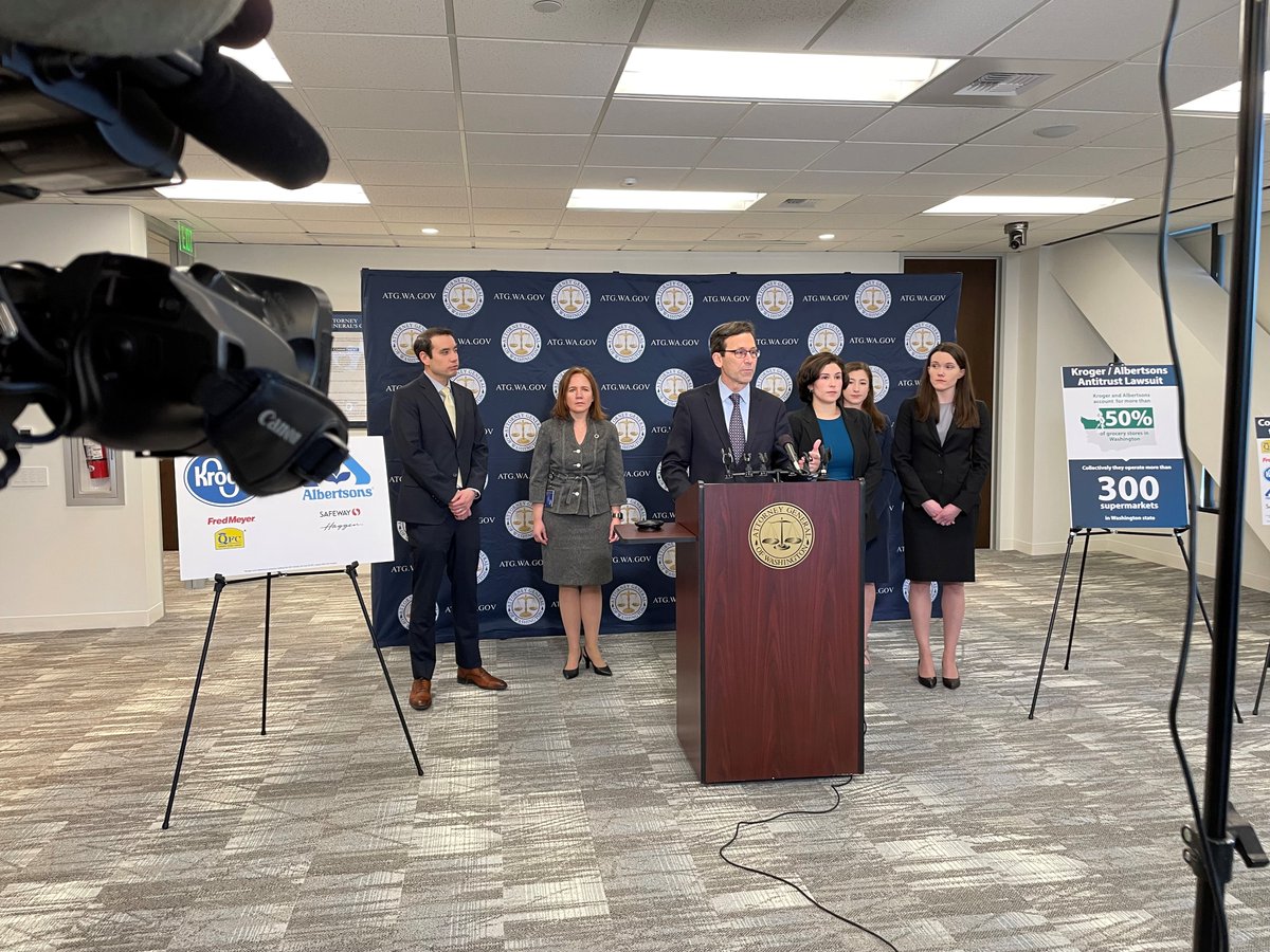 Today we're challenging the proposed merger of Washington's two largest supermarket companies: Kroger and Albertsons. Grocery prices are already too high. Without a competitive marketplace, Washingtonians will pay even higher prices. Learn more: atg.wa.gov/news/news-rele…
