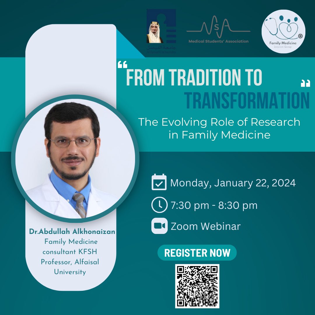 fmig_au's tweet photo. 🔈 Calling out to all research enthusiasts! 

Join us on this insightful talk about the evolving role of research in Family Medicine. 

🤩Speaker: Dr. Abdullah Alkhonizan, Family Medicine Consultant,KFSH 
Professor, Alfaisal University 

To register: 
https://t.co/6den4QYv1W https://t.co/brQjiVz8TF