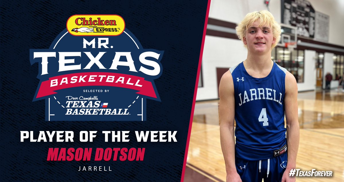 Congratulations to our Week 9 <a href="/Chicken_Express/">Chicken Express</a> Mr. Texas Basketball Player of the Week, Mason Dotson of Jarrell!

Mason had 32 points, 2 rebounds, 3 assists and 2 steals vs Llano

<a href="/Jarrell_ISD/">Jarrell ISD</a> <a href="/JarrellHS/">Jarrell High School</a> <a href="/The_MasonDotson/">Mason Dotson</a>