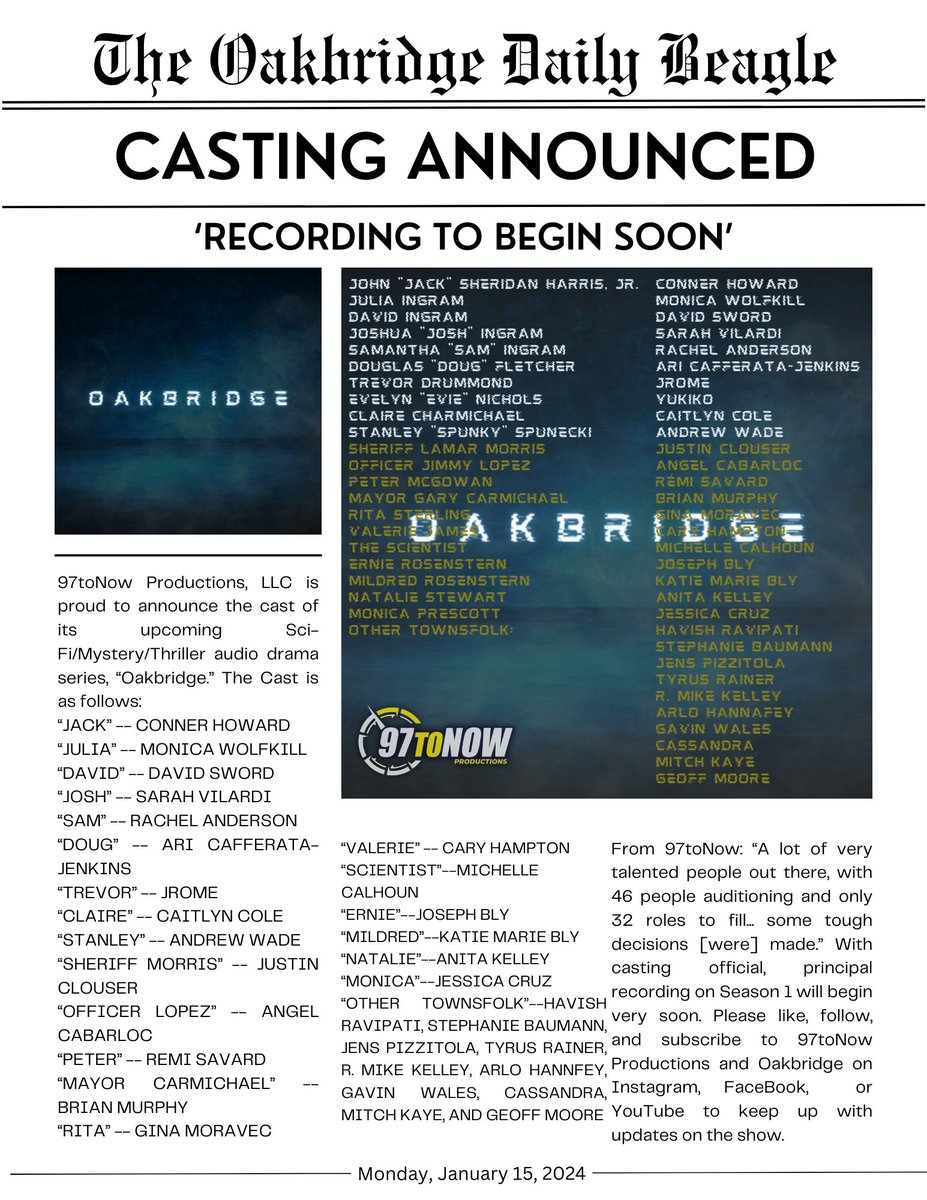 97toNow Productions is pleased to announce casting for #Oakbridge. Congratulations to our Cast!
