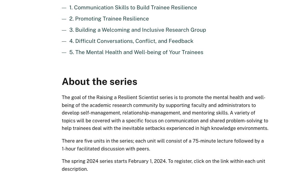 Looking to improve your mentoring skills in 2024? 🙋‍♀️ @NIH_OITE 'Raising a Resilient Scientist' - virtual lecture with group discussion - for those 'who mentor students and postdoctoral fellows in the biomedical, behavioral, and social sciences' - training.nih.gov/raising-a-resi…