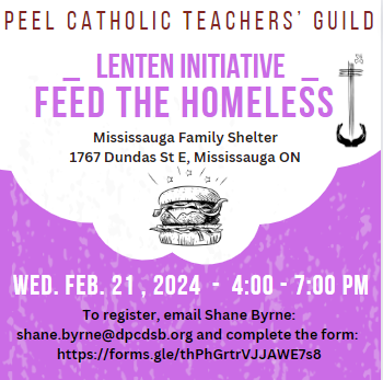 GuildPeel's tweet photo. Join the PCTG as we gather to feed the hungry on Wed. Feb 21 at the Mississauga Family Shelter. To register, complete the form: https://t.co/4rvrajWiKv and email Shane Byrne: shane.byrne@dpcdsb.org

#Lent2024 #PCTG #almsgiving #scarifice https://t.co/oun9J70CYA