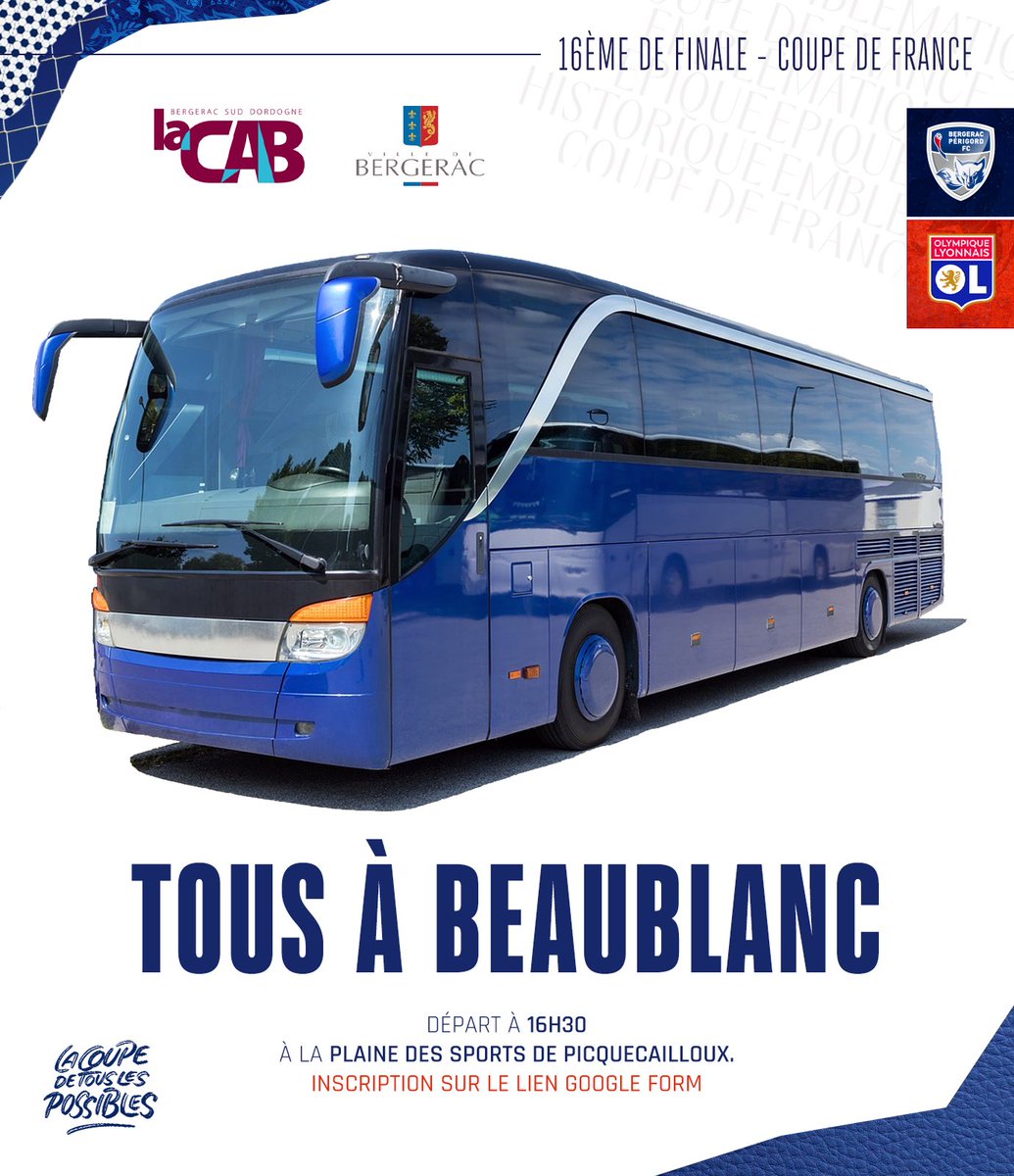 BPFC24's tweet photo. 🚌 Les modalités du transport à Beaublanc 

Départ à 16h30 ⏰ à la plaine des sports de Picquecailloux ! 

Merci de vous inscrire sur le lien joint ici 📲 https://t.co/WyjJdeJOnH

#BPFC 🔵🔴 https://t.co/RdWkfuYfK5