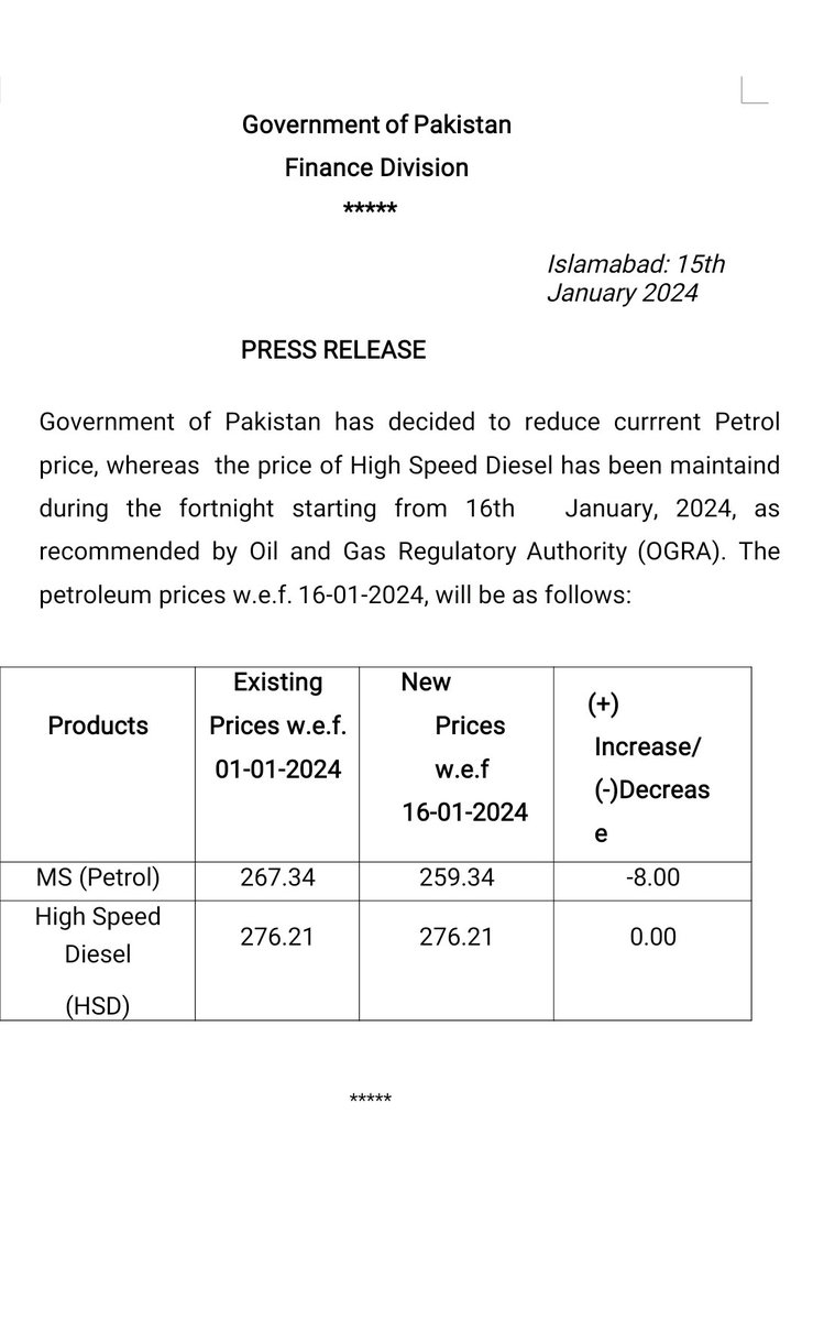 Financegovpk's tweet photo. Government of Pakistan has reduced Petrol price by 8 rupees, whereas price of High Speed Diesel has been maintained. https://t.co/wIhfAVBW5t