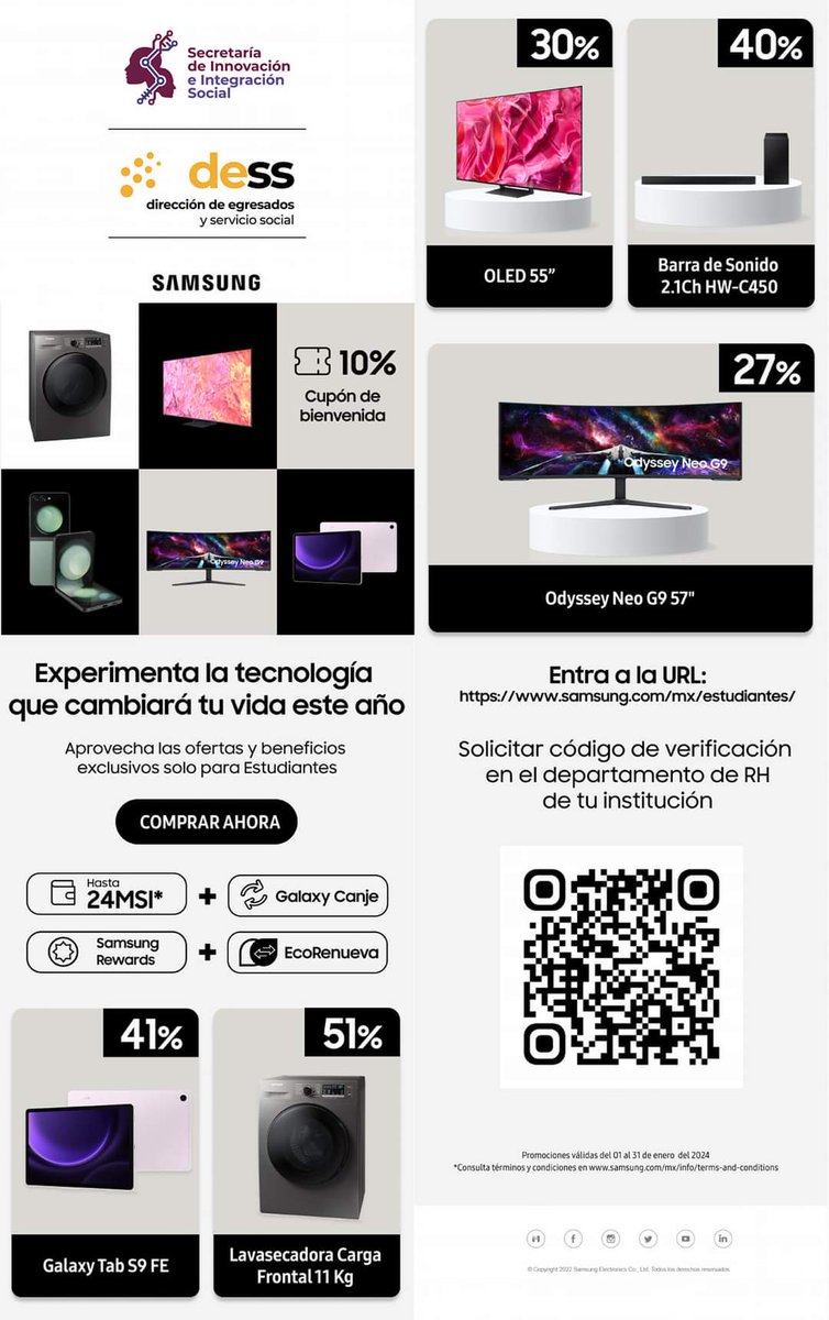 IPN_MX's tweet image. La @IPN_DESS te recuerda que si eres parte de la comunidad politécnica cuentas con beneficios especiales otorgados por la empresa @SamsungMexico en la compra de sus productos. 
PASOS PARA EL REGISTRO
1. Escanea el código QR o ingresa a la URL samsung.com/mx/estudiantes
2. Crea o…