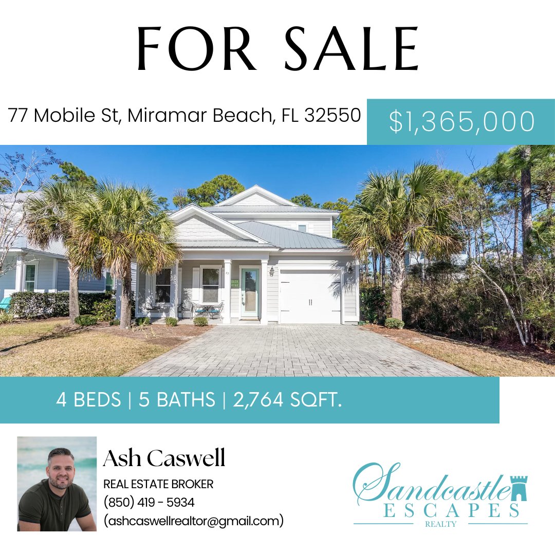 📷FOR SALE📷
📷 77 Mobile St, Miramar Beach, FL 32550
📷 $1,365,000
📷 4 BEDS | 5 BATH | 2,764 SQFT

#pending #ashcaswell  #floridalife #design #Destin #30A #MiramarBeach #Scenic30A #SantaRosaBeach #FL #Florida #SoWal #EmeraldCoast #Freeport #Niceville #SantaRosaBeach #Navarre