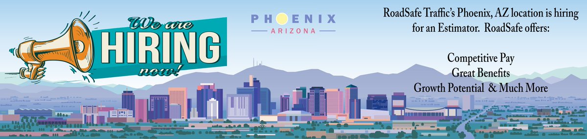 RoadSafeUS's tweet photo. **Now Hiring** RoadSafe Traffic Systems is currently hiring an Estimator for our Phoenix, AZ location.  We offer great benefits, competitive pay, and great opportunities for growth! For more information, check out our career page using the link below.
https://t.co/GjSEoycyqc https://t.co/7Wc2DvIAwa