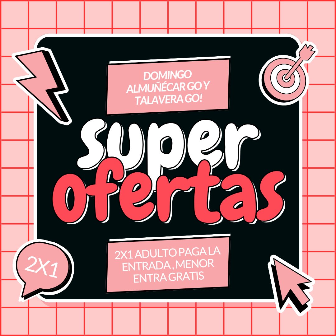 Ofertón de domingo para #almuñecargo y #talaverago 2x1 en la entrada. Por cada adulto que pague su entrada entra un menor de 16 años gratis.