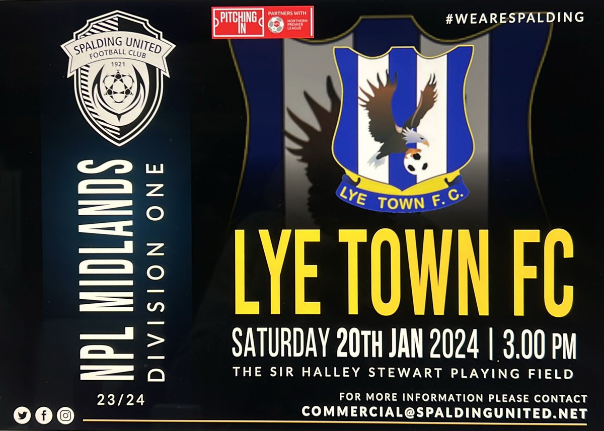 🌷UPCOMING HOME FIXTURE….
  
🗓️ Saturday 20th January      
🏆 <a href="/NorthernPremLge/">The Pitching In Northern Premier League</a> 
🆚  <a href="/lyetownfc1930/">Lye Town Football Club</a>      
🏟️ Sir Halley Stewart 
📍 Winfrey Avenue, PE11 1DA
⏰ K/O 3pm
🎟️ Adults £10 ▪️Concessions £5▪️U18 £2▪️U11’s Free▪️