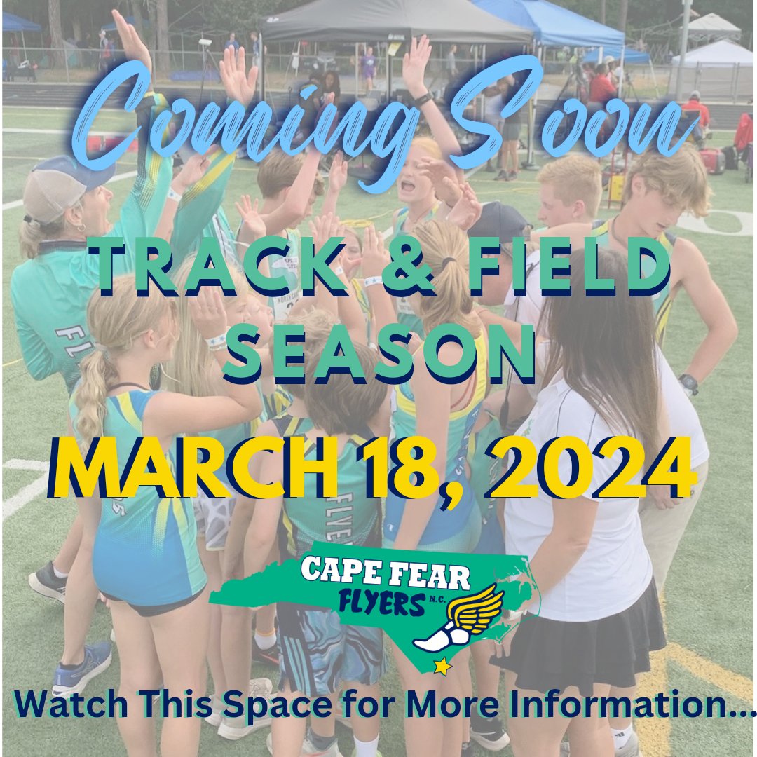 Cape Fear Flyers Track & Field 2024 season start 3/18/24 for ages 6-18, running and field events. More info soon

#youthtrackandfield #capefearflyers #runjumpthrow #aautrackandfield #usatfyouth 
#runilm #ncaautrackandfield #ncusatf #keepkidsactive #getkidsoutside #trackandfield