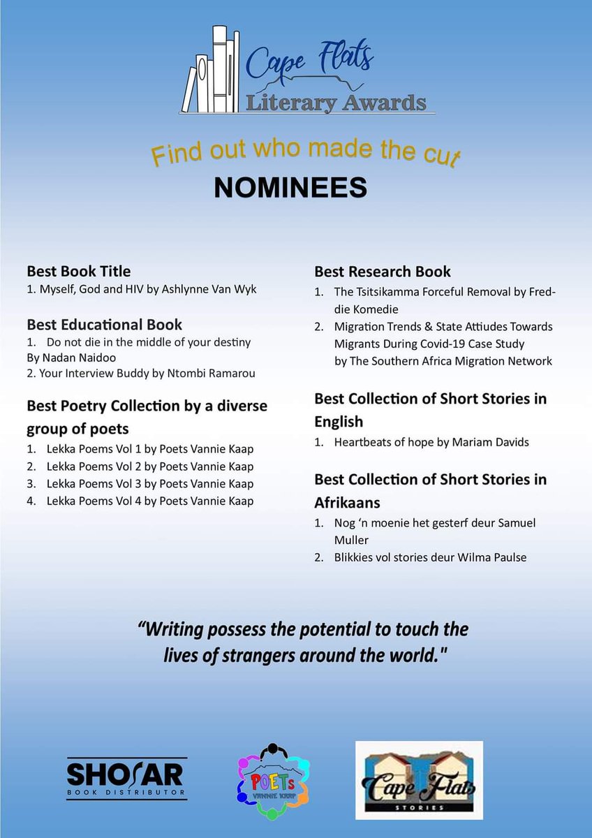 theolla21's tweet photo. Getting recognition for my work. I am in awe. 

My teenage book, Die Here kom sterk deur as well as the poetry anthologies Lekka Poems Volumes 2 and 4, containing some of my poems being nominated for the Cape Flats Literary Awards. https://t.co/AB3uHse4sw
