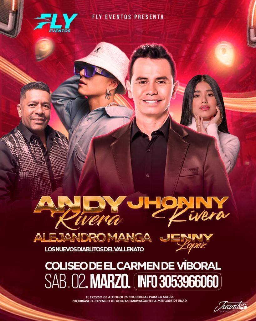 AndreaBena10's tweet photo. 🗓️Sábado 2 de marzo 
🏟️Coliseo de el carmen de Viboral  
- JHONNY RIVERA 
- ANDY RIVERA 
-Jenny lópez 
- Los Nuevos DIABLITOS DEL VALLENATO   
🎫General 35.000$
🎫Vip 50.000  
🎟️Palcos para 10 personas desde 1.200.000$
📲Informes 3053966060
@FlyEventos https://t.co/FpsC4y2mEN