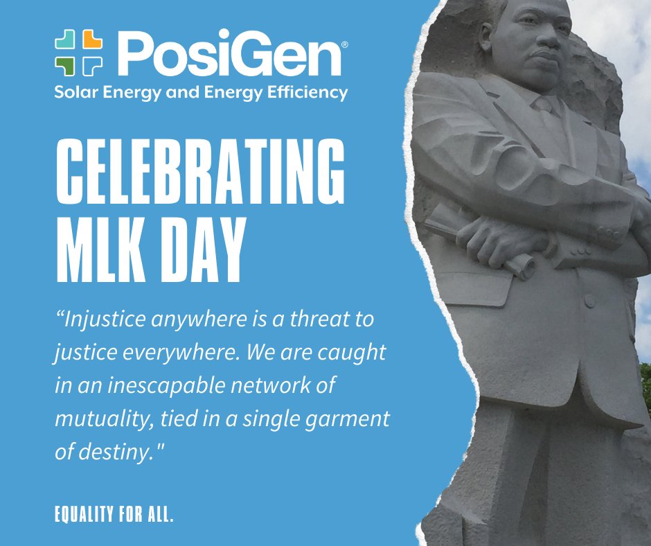 🌍 Our commitment to energy equality echoes Dr. King's call for genuine economic equality. PosiGen stands unwavering, addressing energy burden disparities facing marginalized communities. Join us in the fight for a brighter, equitable future! #MLKDay #EnergyJustice #SolarForAll