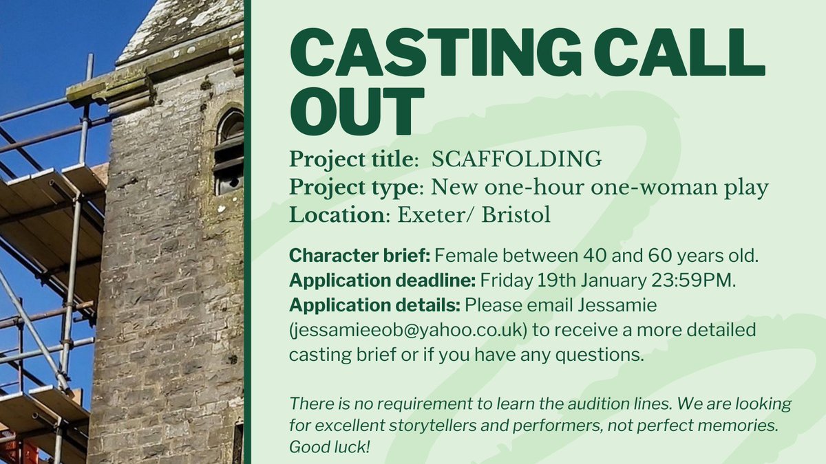 documentaltheat's tweet image. CASTING CALL OUT: NEW PROJECT! 

Calling Southwest female artists. 

Email jessamieeob@yahoo.co.uk for a detailed casting brief or DM @jessamieeob for more information! 

DEADLINE for applications: 19th January at 23:59PM.