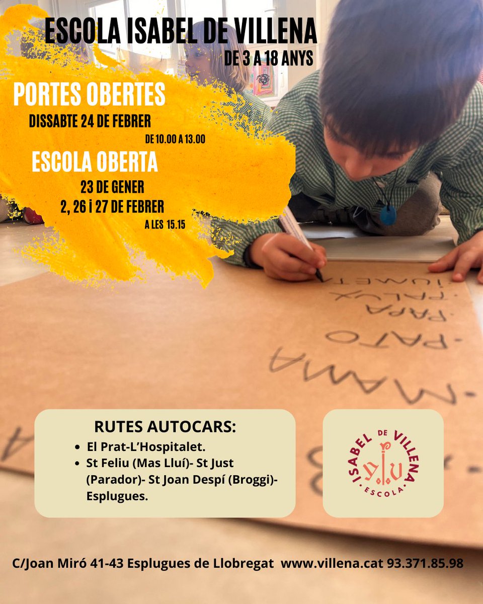 📅 Portes Obertes 24 de febrer de 2024
🕗 De 10.00-13.00h
📍 Escola Isabel de Villena

📅 Escola Oberta 23 de gener, 2, 26 i 27 de febrer de 2024
🕗 A les 15.15h
📍 Escola Isabel de Villena