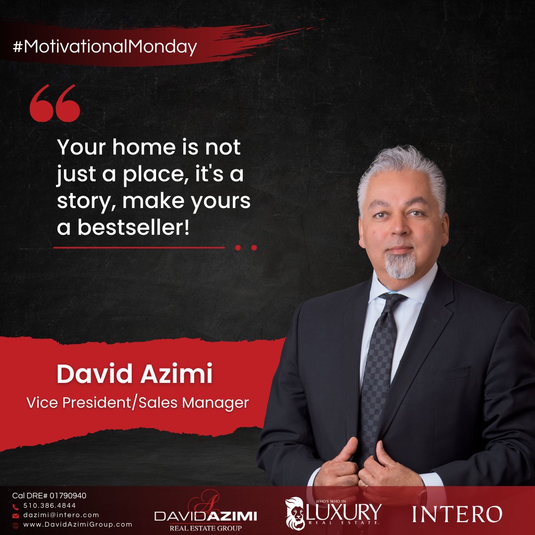 davidazimiRE's tweet photo. "Your home is not just a place, it's a story, make yours a bestseller!"
#MotivationMonday
#BayArea
#Intero
#DavidAzimiRealEstateGroup https://t.co/CT74TBBzk7