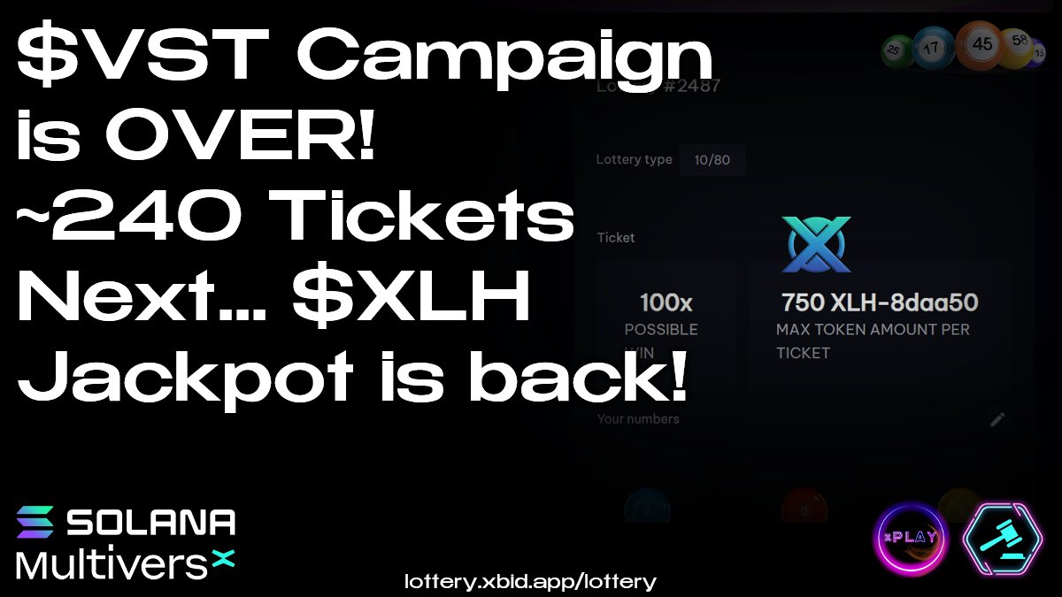 $VST Campaign is OVER! $XLH NEXT!

The $VST Campaign was concluded with 240 Tickets! Next , $XLH #Lottery 100x, 10/80! Min 100 $XLH for the #Jackpot of over 850$! 🔥

🍀Play &amp; Win!
lottery.xbid.app/lottery

<a href="/PulsarTransfer/">PulsarTransferBot</a> send 500000 MEX to 100 Reactions
#MultiversX #Solana #XBID