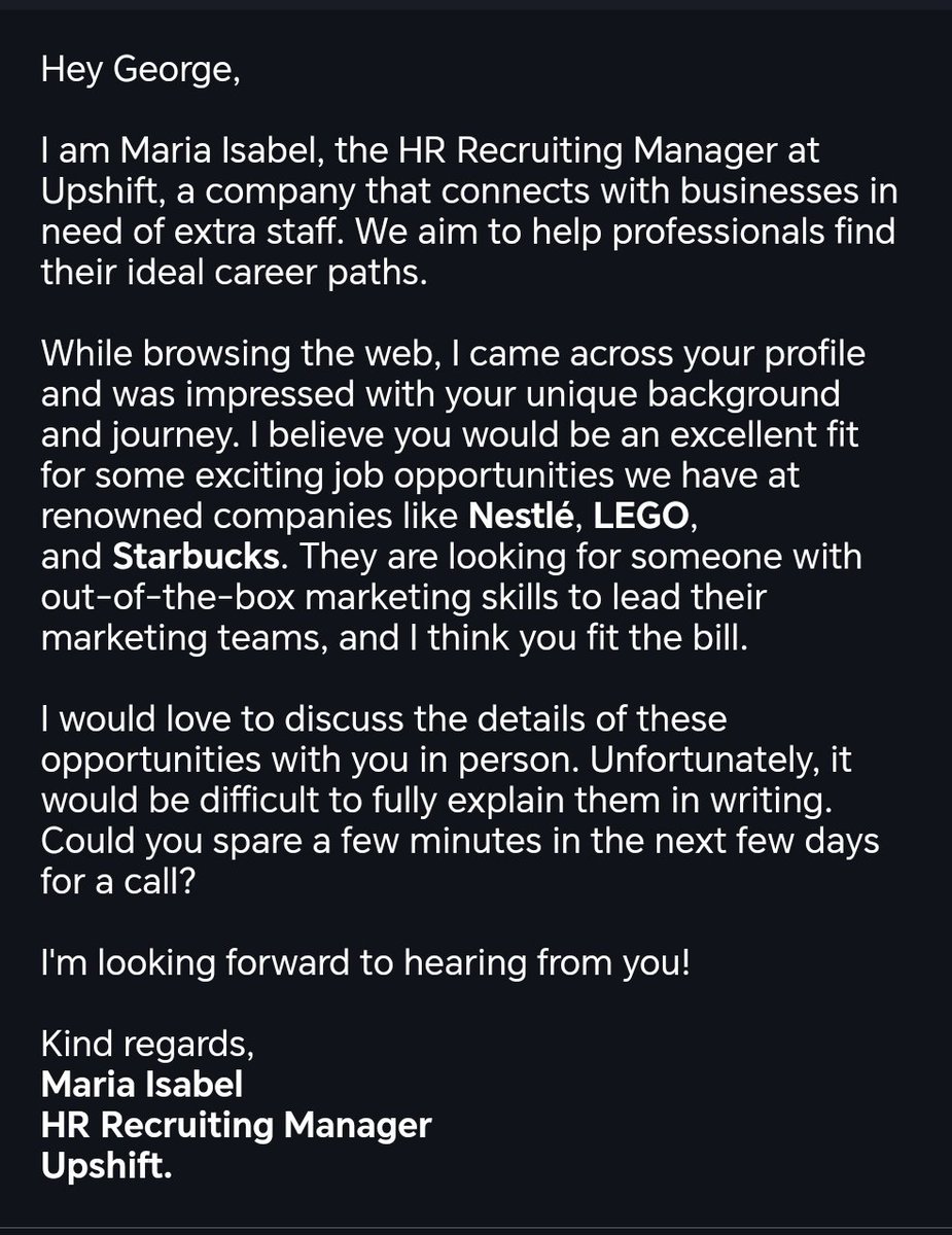 dji0805's tweet photo. J'ai failli me faire avoir par un scam absolument REDOuTABLE, basé sur une potentielle offre d'emploi alléchante, et sur une conversation en plusieurs mails successifs... 
Le truc qui m'a fait tiquer, c'est que je ne  pouvais pas réserver un rendez-vous avec cette personne autrement qu'en me connectant via mon compte FB. L'adresse de la page est plutôt bien faire, mais les liens "home" "about" etc ne fonctionnent pas.

Je vous pose les screens ici, faites attention quand ça a l'air trop beau, comme dab.