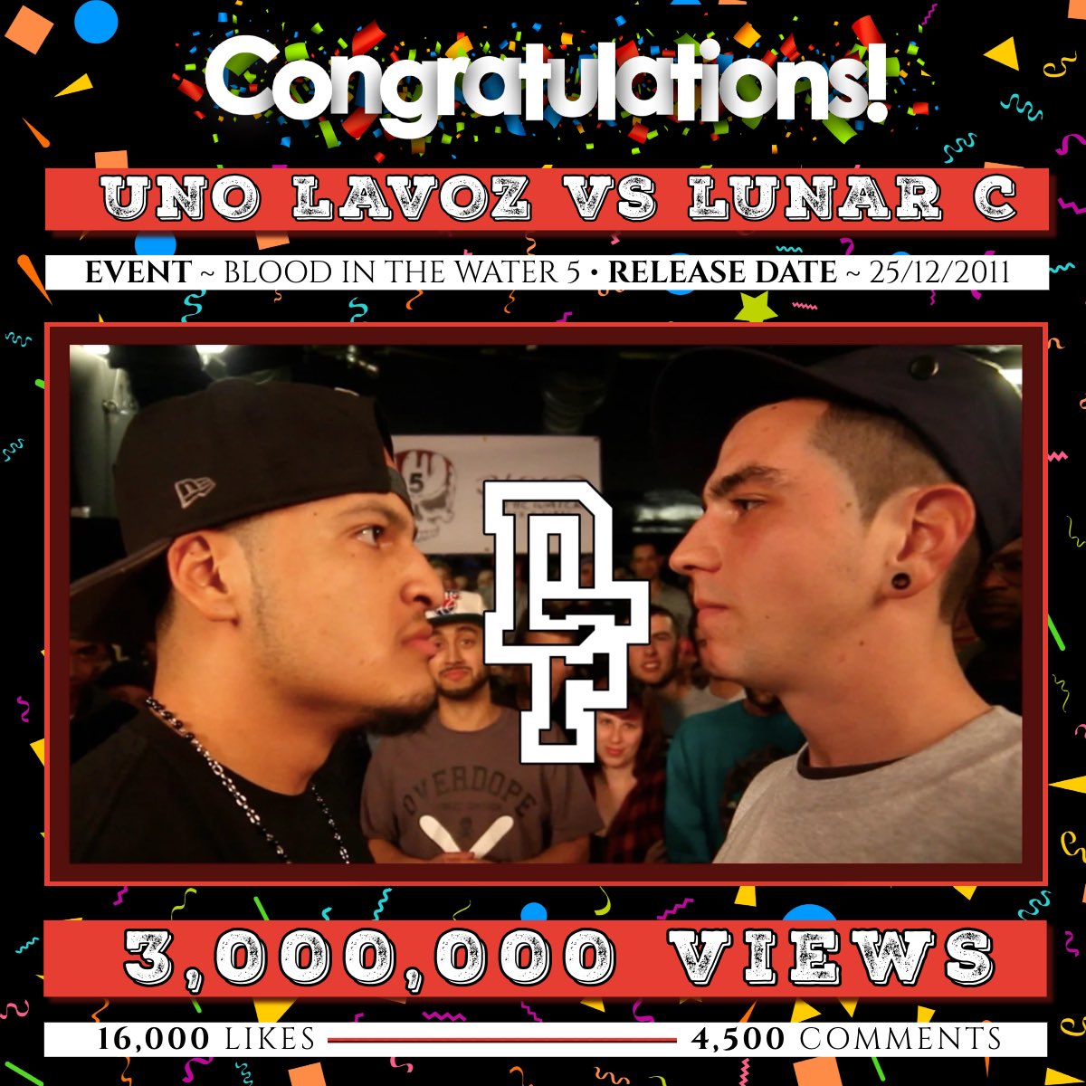 DontFlop's tweet photo. 💎—MILESTONE REACHED!—💎
12 years ago, Uno Lavoz & Lunar C created one of the most heavily quoted rap battles of all time
Show them some love and rewatch it below
#DFAFD https://t.co/xUvW7G8S97