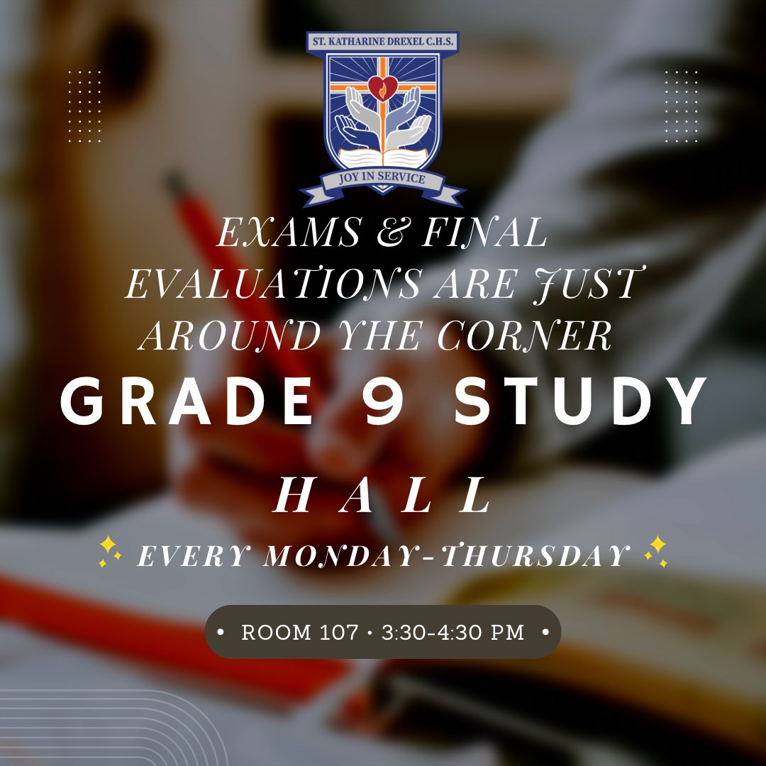 Grade 9 students! Take advantage of this opportunity! Study Hall is NOW open every Monday-Thursday from 3:30 to 4:30 PM in room 107 until exams. Use this as a place to study alone, with friends, or ask questions to a teacher. Drop in!… All are welcome. <a href="/dbruni_/">dan bruni</a> <a href="/DanielleSavo/">Danielle Savo</a>