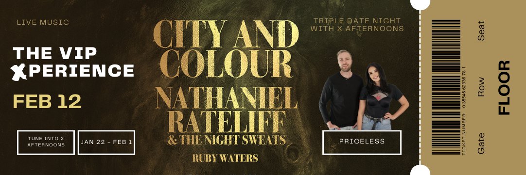 X929's tweet photo. It's an X Event you may know, but now you can get in on it as a VIP with this epic Xperience! Tune into X Afternoons for your shot to qualify for a #TripleDate with Mariah & Ty at @cityandcolour @NRateliff & @rubywatersmusic from FLOOR SEATS on Feb 12
https://t.co/YynybJBW1w https://t.co/rBrZcWlQ8Z