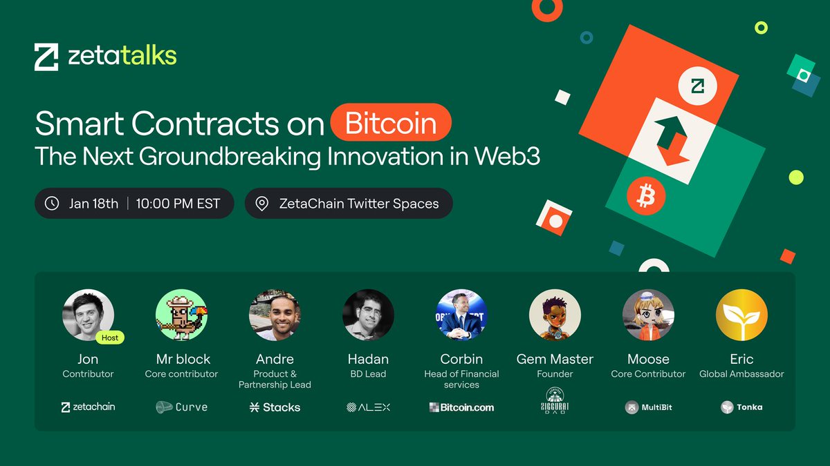 🎙 Our second #ZetaTALK is #BTC, featuring 'Smart Contracts on #Bitcoin - The Next Groundbreaking Innovation in #Web3' on January 16th with @Stacks, @ALEXLabBTC, @btctn, @CurveFinance, @ZigguratDao, @Multibit_Bridge, @tonkafinance 👉 Twitter space link: x.com/i/spaces/1Yqxo…