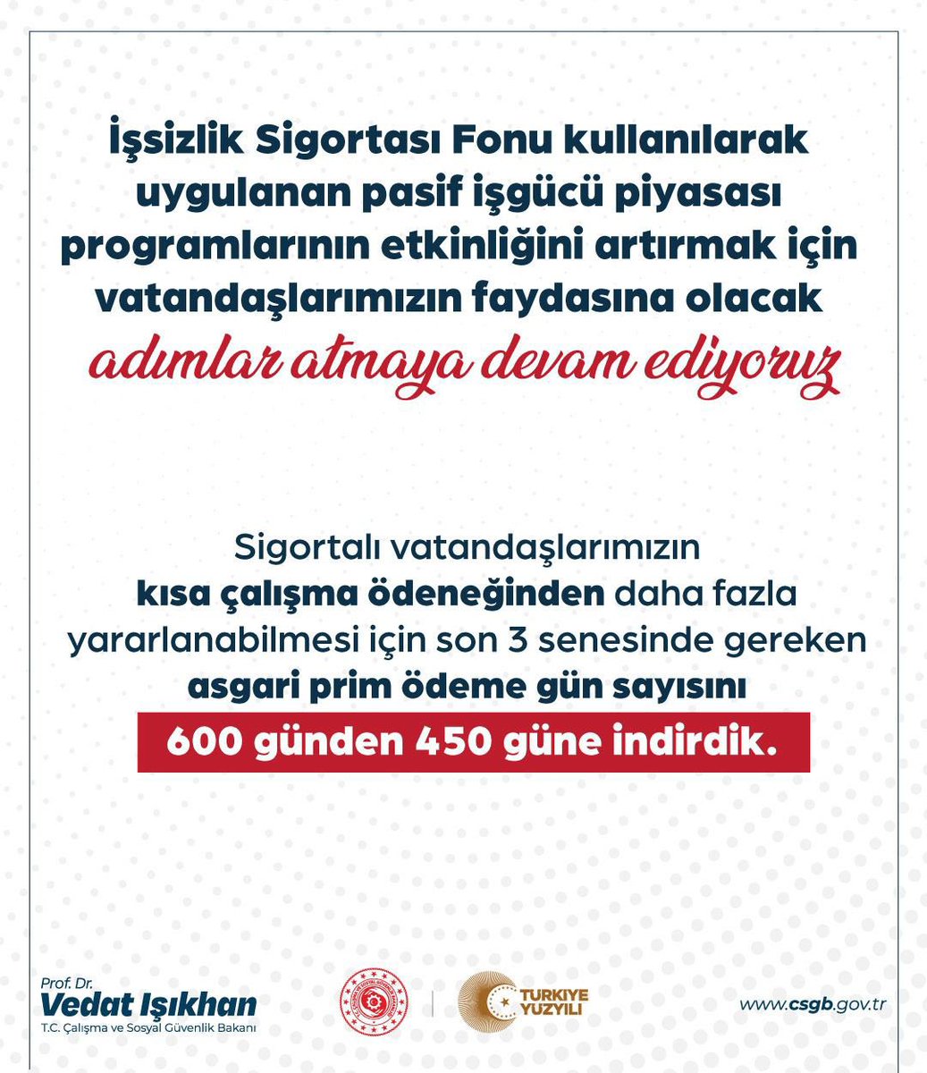isikhanvedat's tweet photo. İşsizlik Sigortası Kanunu ile Bazı Kanunlarda Değişiklik Yapılmasına Dair Kanun Teklifi TBMM Başkanlığımıza sunuldu.

İşsizlik Sigortası Fonu kullanılarak uygulanan pasif işgücü piyasası programlarının etkinliğini artırmak için vatandaşlarımızın faydasına olacak adımlar atmaya devam ediyoruz.

Sigortalı vatandaşlarımızın kısa çalışma ödeneğinden daha fazla yararlanabilmesi için son 3 senesinde gereken asgari prim ödeme gün sayısını 600 günden 450 güne indiriyoruz.