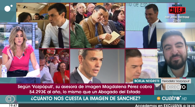voz_populi's tweet photo. 📺 A esta hora,@Borjanegrete cuenta en @cuatroaldia todos los detalles sobre la exclusiva que puedes leer en @voz_populi

📺 El salario mínimo del que goza la asesora de imagen de Sánchez es de 54.293€ al año
https://t.co/Ne5nIjKjrN https://t.co/neg3BIUmba