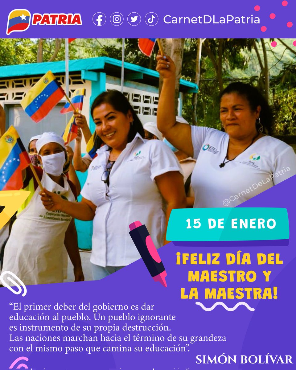 El #SistemaPatria y la #PlataformaPatria les desea feliz día a tod@s las y los educadores de nuestra Patria amada.

#MensajeAnual #MemoriaYCuentaAfirmativa #15Ene