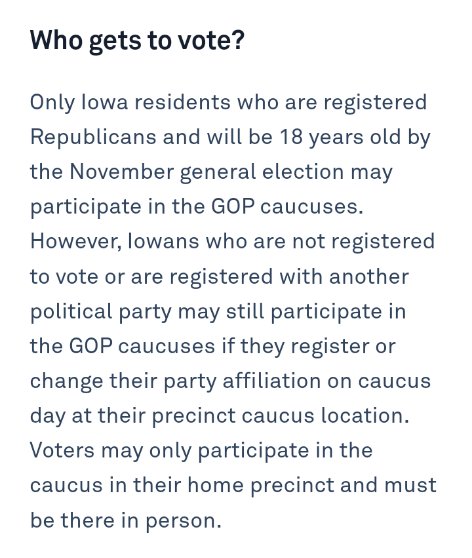 susan_side_2's tweet photo. @PraiseThroughIt @ABC @AP Fact Checking (cont)
2. "However, Iowans who are not registered to vote or are registered with another political party may still participate in the GOP caucuses if they register or change their party affiliation on caucus day at their precinct caucus location." [link in alt text] https://t.co/g4BhhNNahR