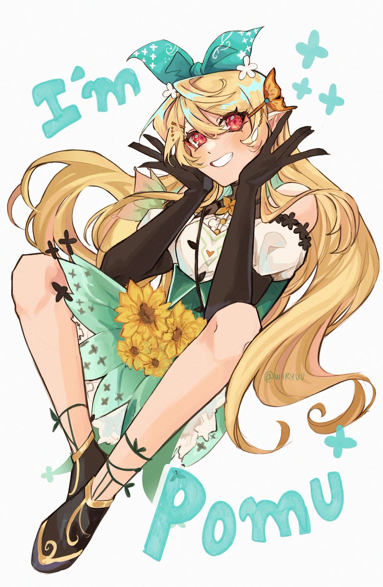 pomu rainpuff 1girl blonde hair flower solo gloves smile pointy ears  illustration images