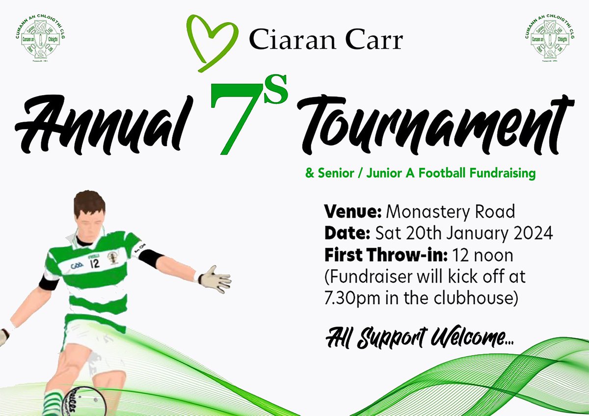 Our 7s competition returns to Monastery Road this Saturday with 6 teams battling it out for the Ciarán Carr trophy 🏆
That evening we will be hosting a fundraiser for the adult football section in Round Tower GAA club with performances from Jack Whelan, Sadhbh Keane and a DJ 💚