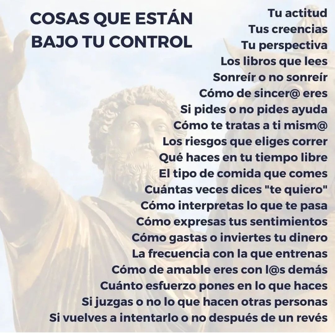 ElEstoicoEsp's tweet photo. "En cuanto a todas las cosas que existen en el mundo, algunas están bajo nuestro control y otras no". - Epicteto.

Aunque en un principio parece fácil distinguir qué está bajo nuestro control y qué no lo está, ponerlo en práctica cuesta mucho más.

Porque una cosa es entenderlo y otra es vivirlo. Comprometerse a convertirlo en un estilo de vida.

Aquí te dejo algunas ideas, espero que te ayuden.