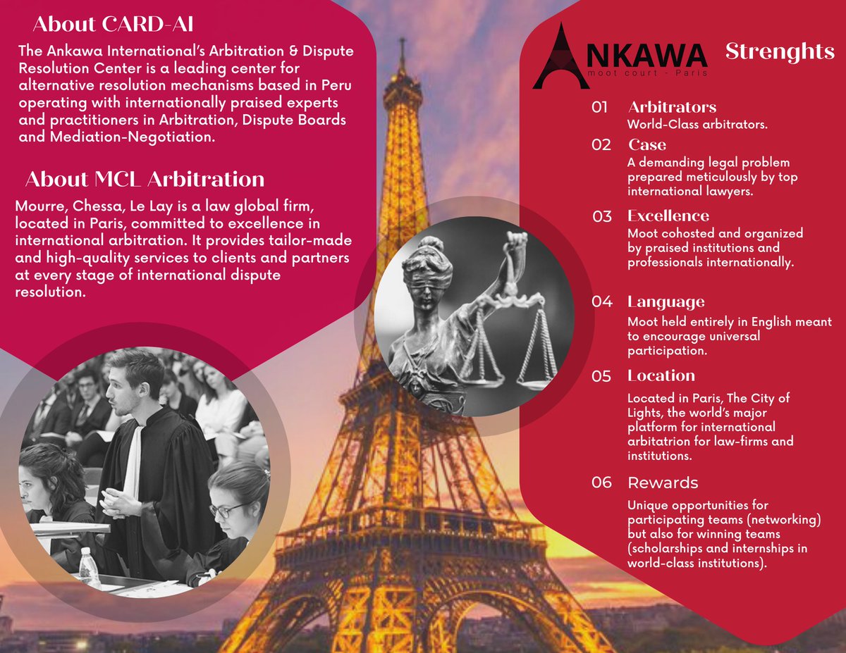 ANKAWA MOOT COURT PARIS II Edition is now open! 

For enquiries/registrations:
E-mail: moot@ankawagroup.org.
Phone/WhatsApp: +51 975642980.
Web: linkedin.com/showcase/ankaw…
#AnkawaMoot #MCLArbitration #MootCourt #InternationalLaw #Arbitration #Paris #France