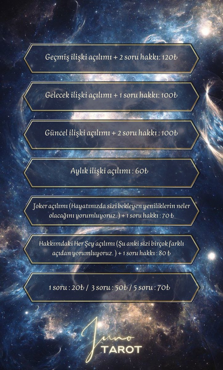 JUNOTAROTT's tweet photo. ⠀

Danışmanlık konuları ve güncel fiyat listesi.💫

⠀ https://t.co/yvyWYQ7I18